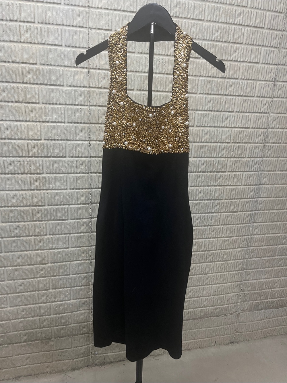 Beaded Halter Midi Dress in Gold and Black